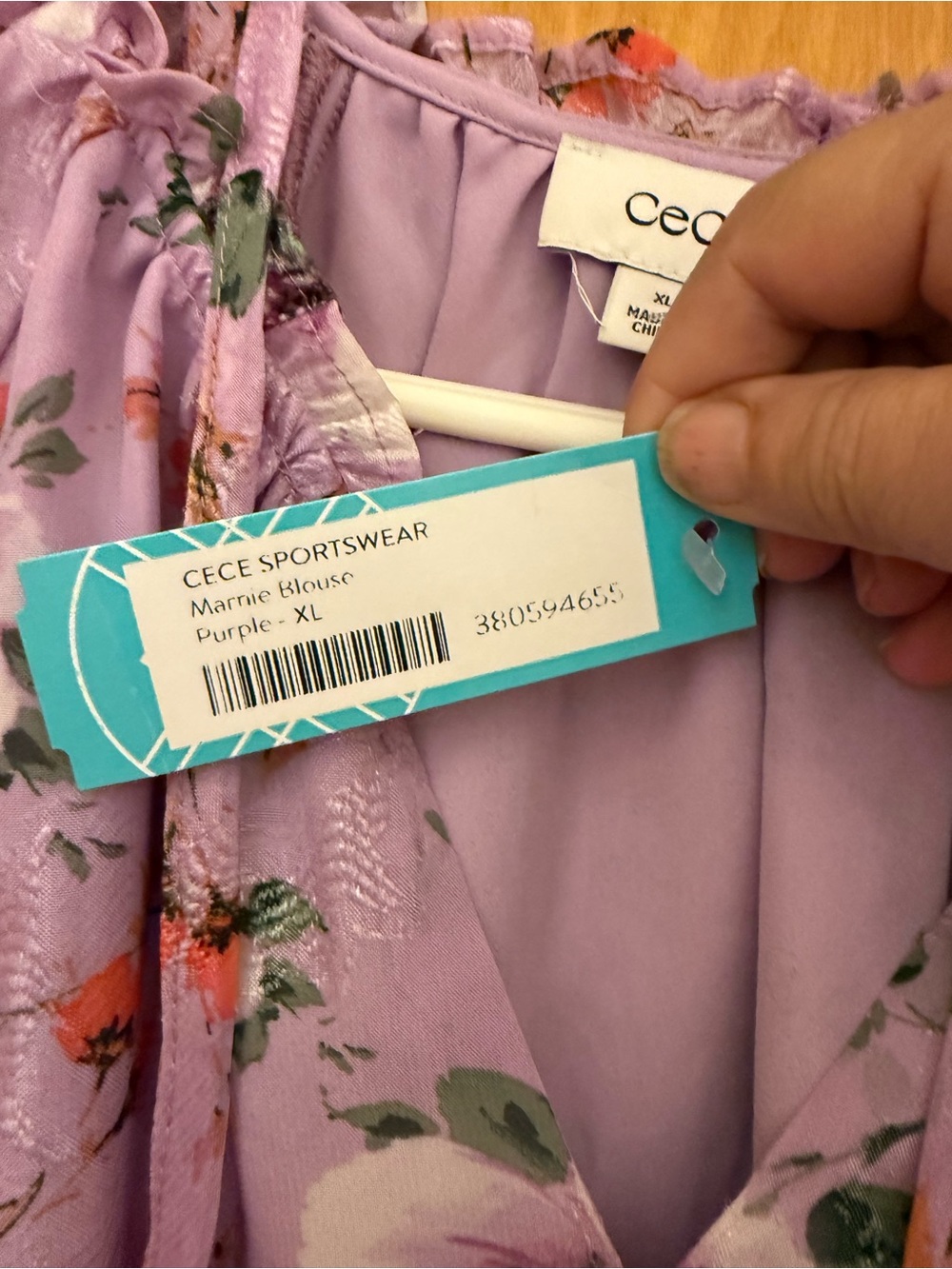 CeCe Lavender Floral Ruffle-Neck Smocked Waist Blouse - Picture 2 of 5
